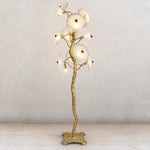 Organic Branch Brass Floor Lamp with Fluted Glass Petal Shades – lights on