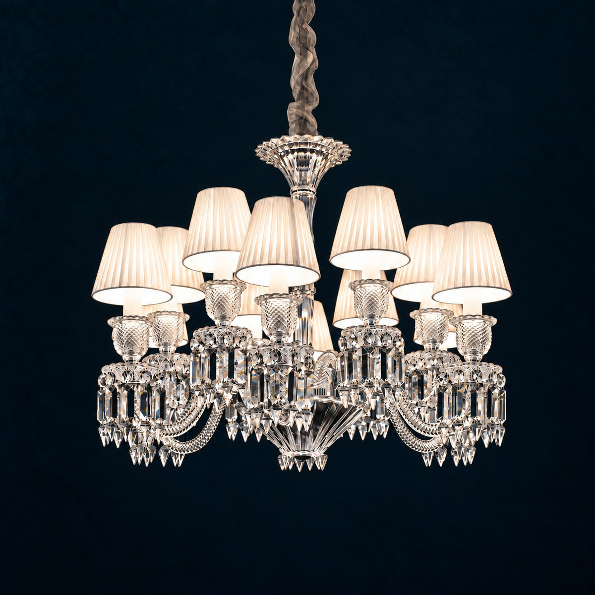 Orsea White Pleated Crystal 12-Light Chandelier 29.9" on a deep teal-blue wall