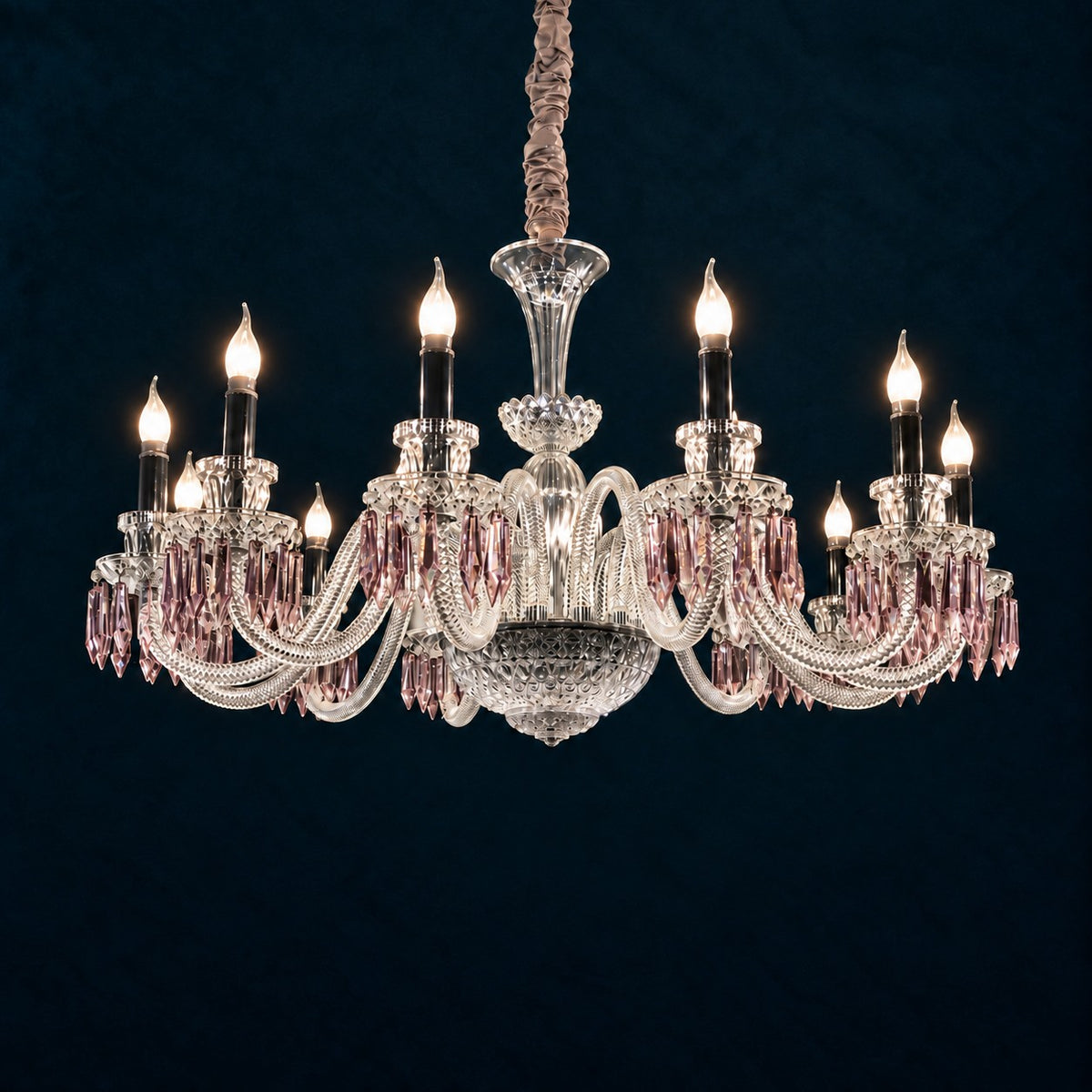 Ostella Pink Coiled Crystal 12-Light Chandelier 47.2" on a deep teal-blue wall