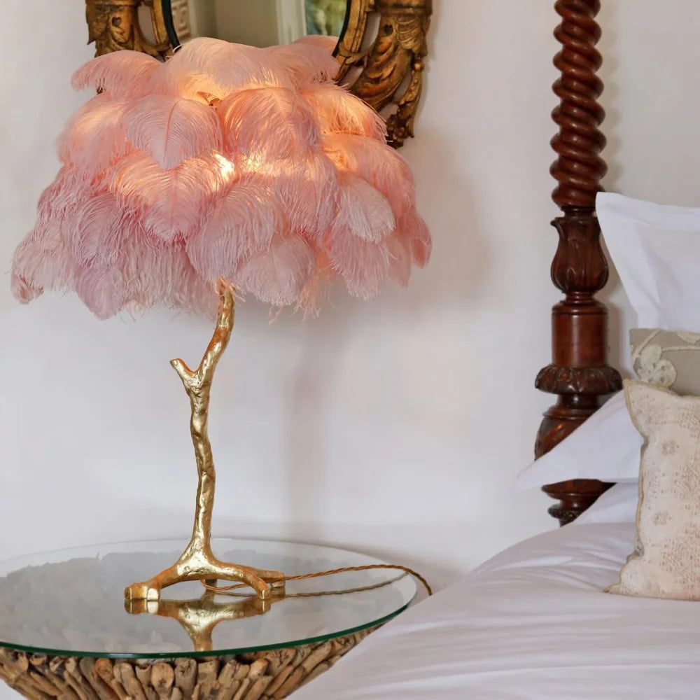 Ostrich Feather Table Lamp Dia 25.6″(65Cm) X H 27.6″(70Cm) / Polished Brass Candy Floss Lamp