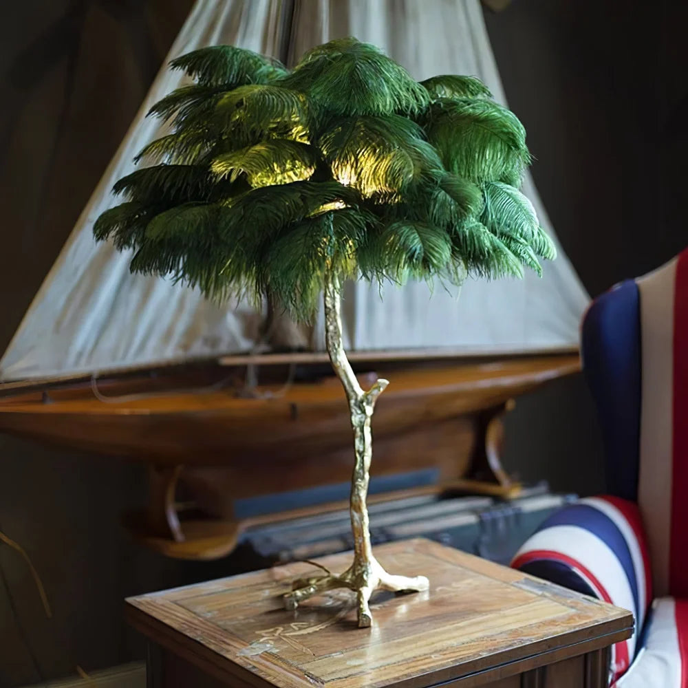 Ostrich Feather Table Lamp Dia 25.6″(65Cm) X H 27.6″(70Cm) / Polished Brass Ivy Green Lamp