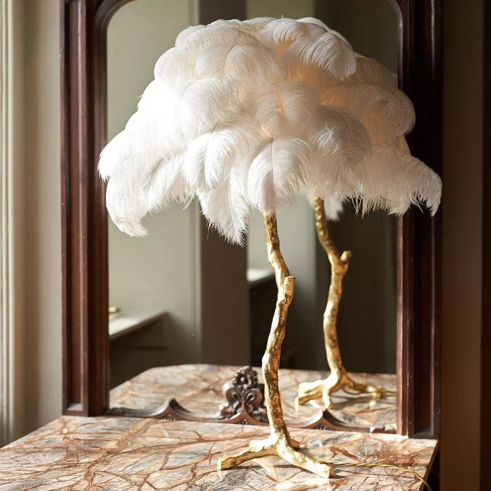 Ostrich Feather Table Lamp Dia 25.6″(65Cm) X H 27.6″(70Cm) / Polished Brass Natural Lamp