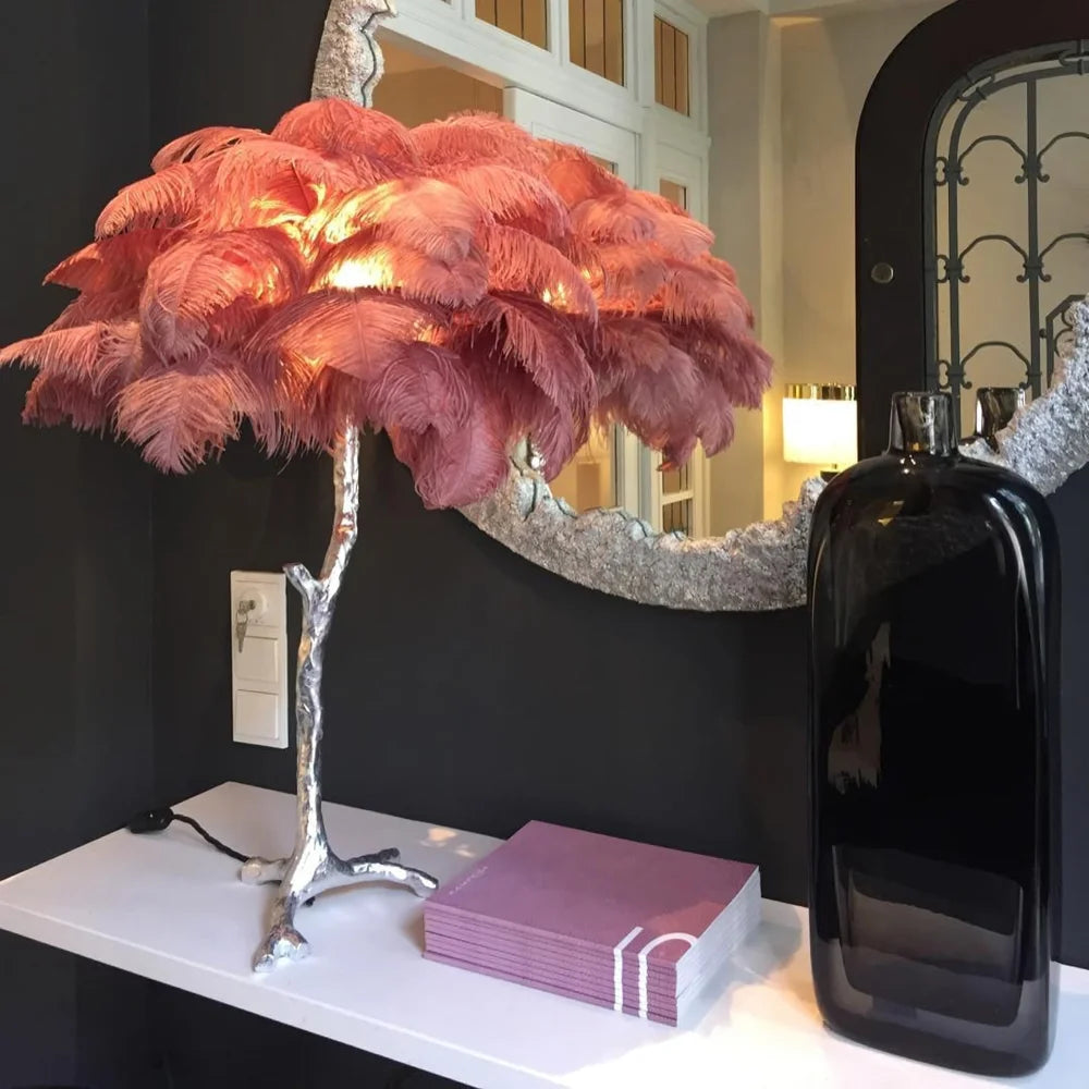 Ostrich Feather Table Lamp Dia 25.6″(65Cm) X H 27.6″(70Cm) / Polished Brass Oyster Pink Lamp