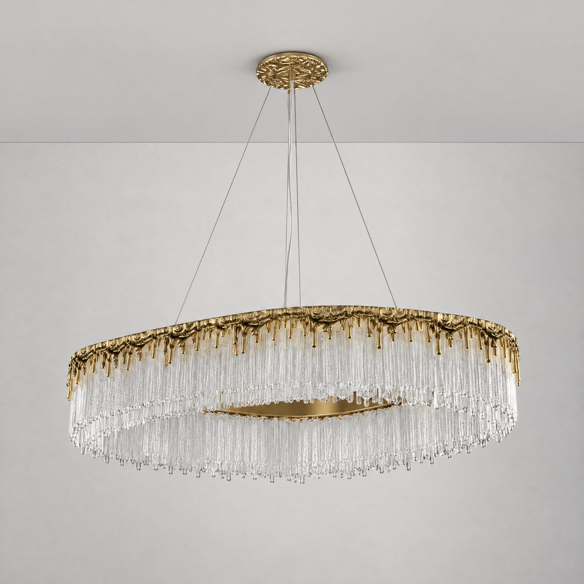 Oval Crystal Fringe Chandelier with Warm Gold Finish – lights off