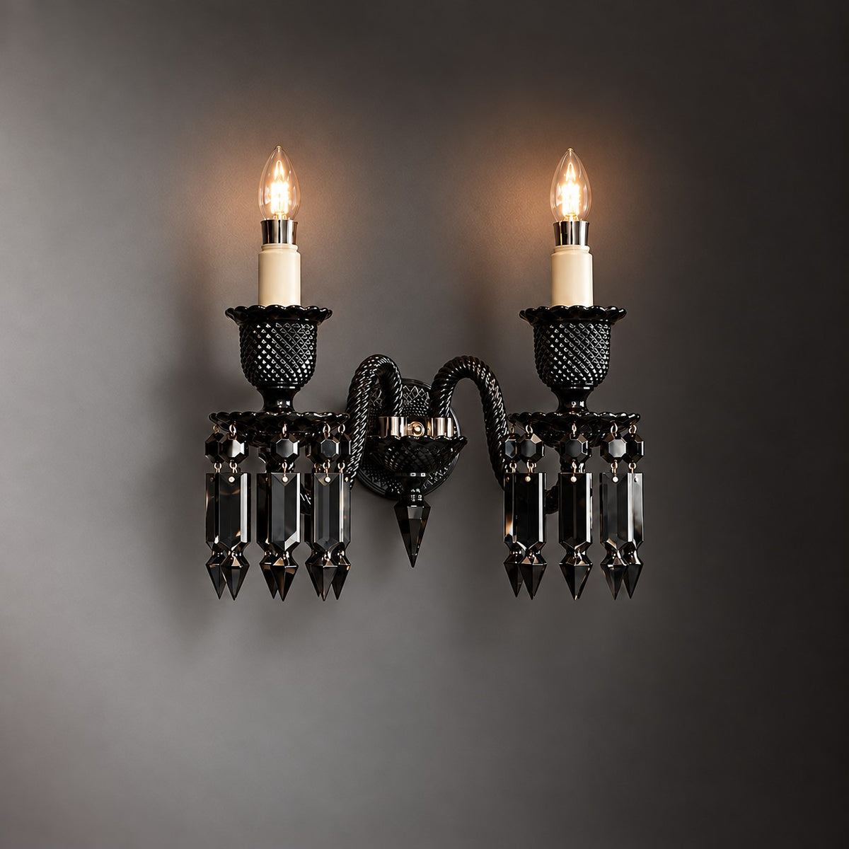Palvera Black Prism Crystal 2-Light Wall Sconce 16.5" on a dark olive wall