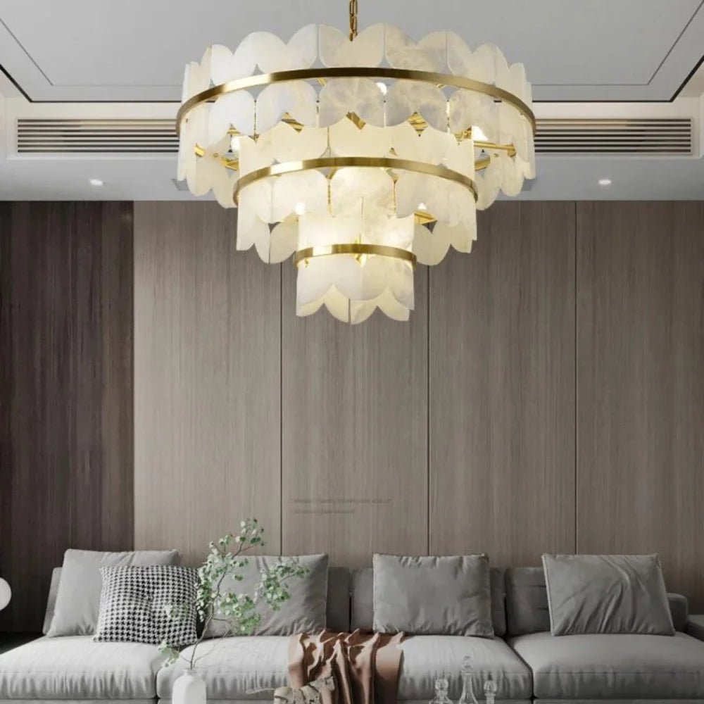 Patanga Modern Alabaster Round Chandelier For Living Room 31.5’’ Dx 19.7’’ H Chandeliers