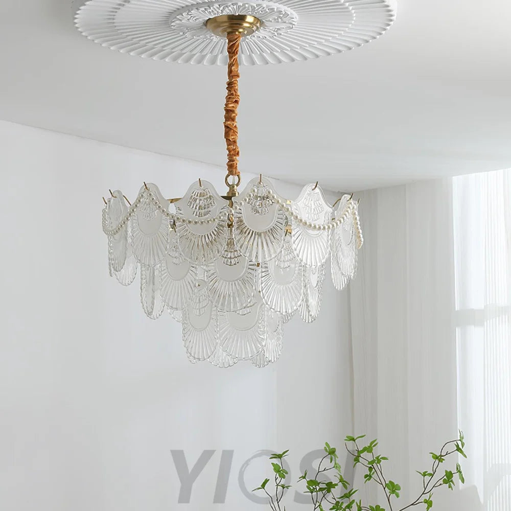 Pearl Glass Shell Round/Long canopy Chandelier - Cylinder-1-Yiosilamp