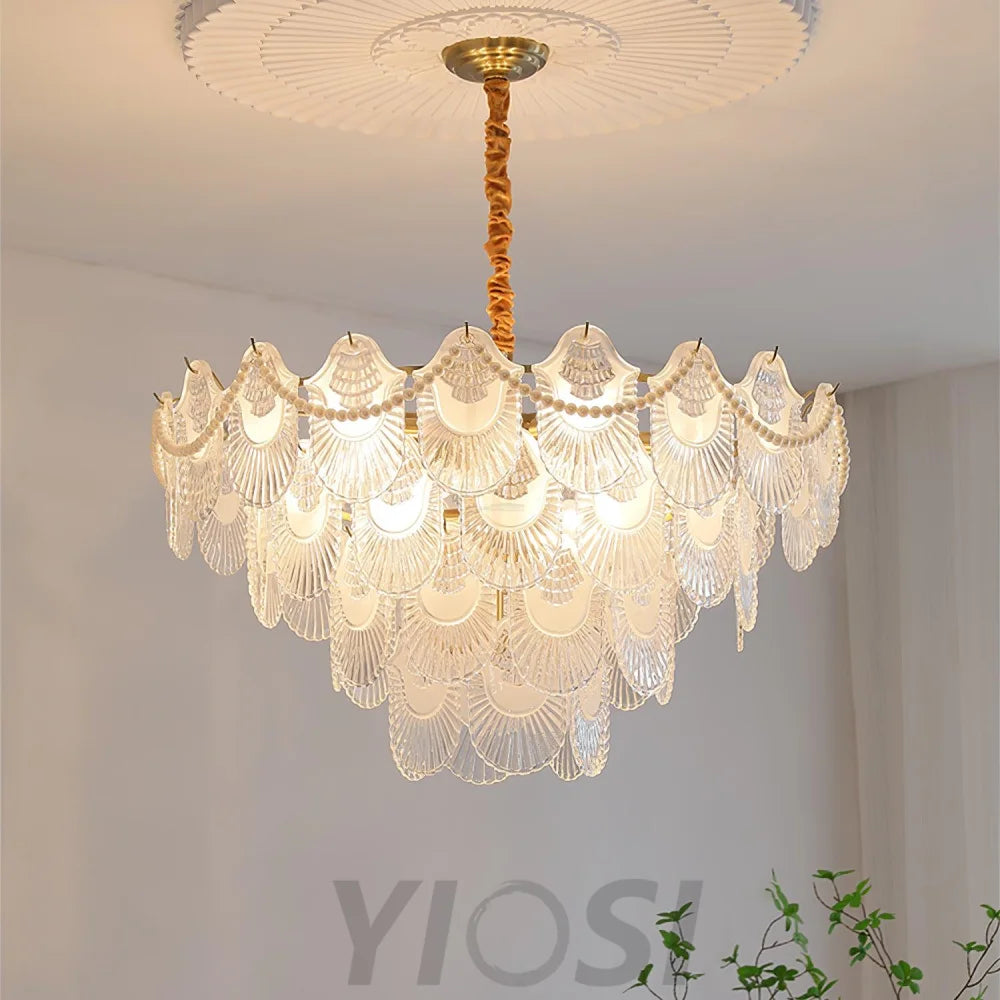 Pearl Glass Shell Round/Long canopy Chandelier - Cylinder-1-Yiosilamp