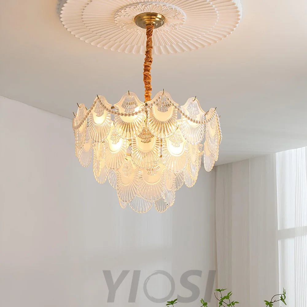 Pearl Glass Shell Round/Long canopy Chandelier - Cylinder-1-Yiosilamp