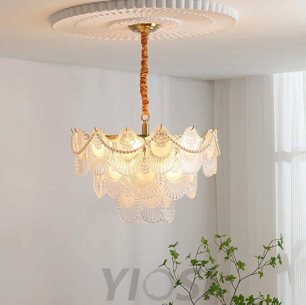 Pearl Glass Shell Round/Long canopy Chandelier - Cylinder-1-Yiosilamp