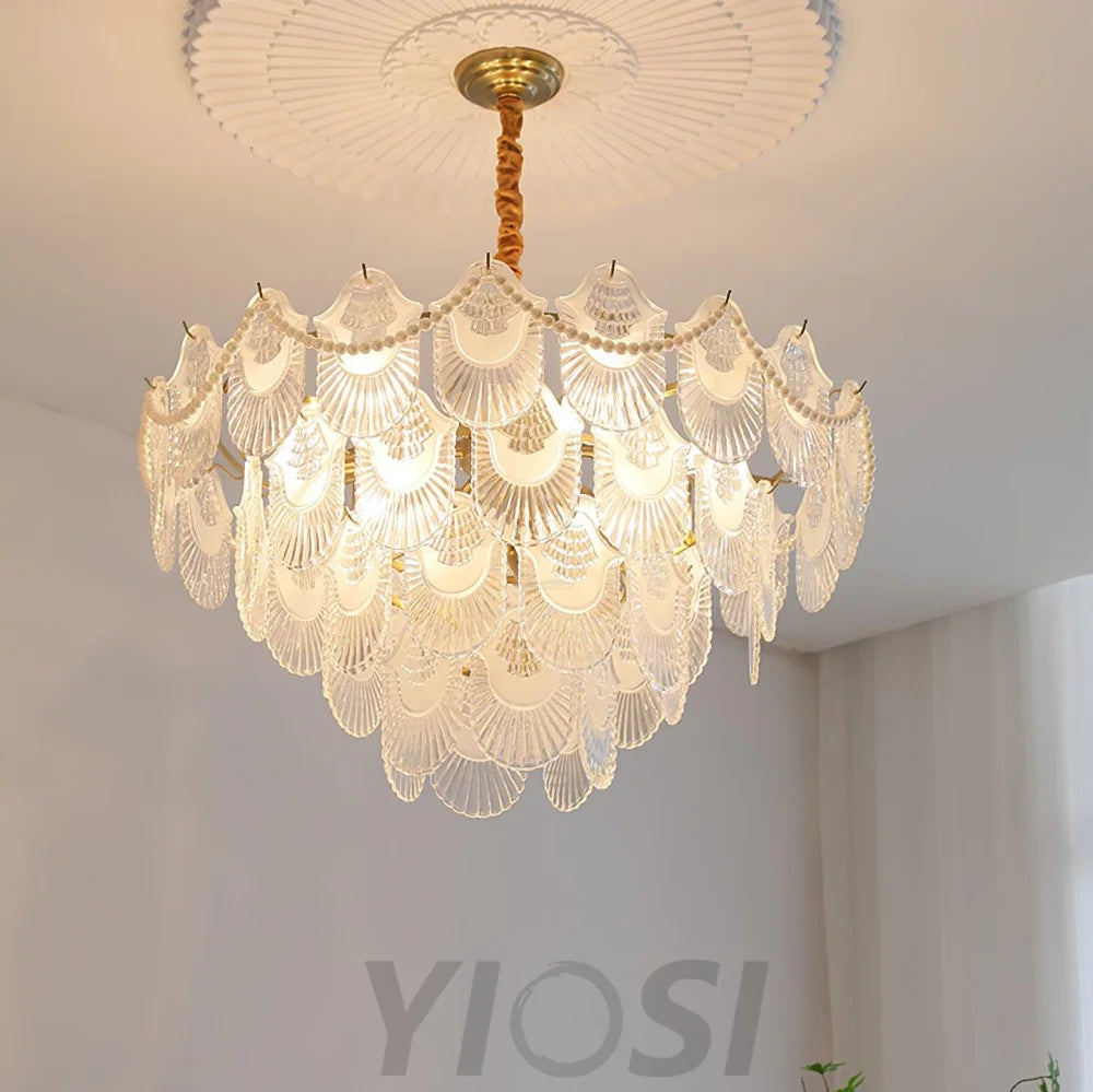 Pearl Glass Shell Round/Long canopy Chandelier - Cylinder-1-Yiosilamp