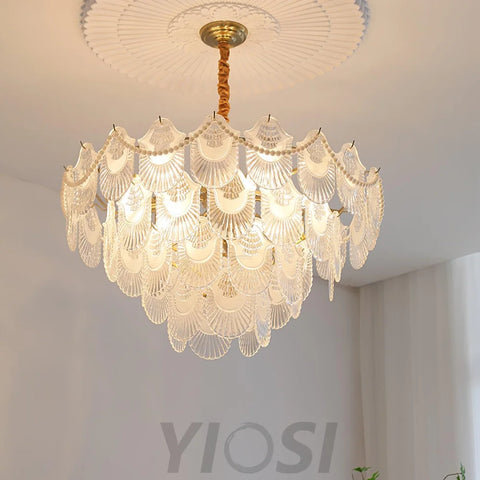 Pearl Glass Shell Round/Long canopy Chandelier - Cylinder-1-Yiosilamp