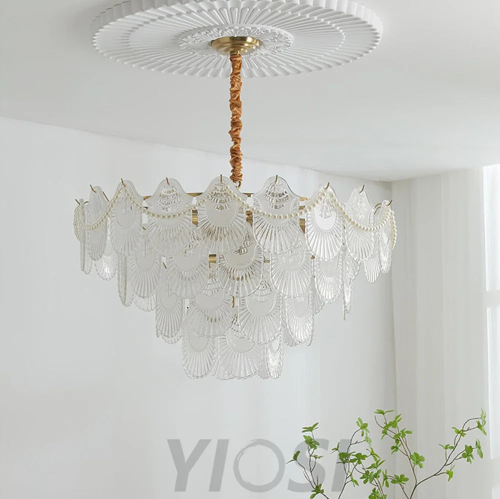 Pearl Glass Shell Round/Long canopy Chandelier - Cylinder-1-Yiosilamp