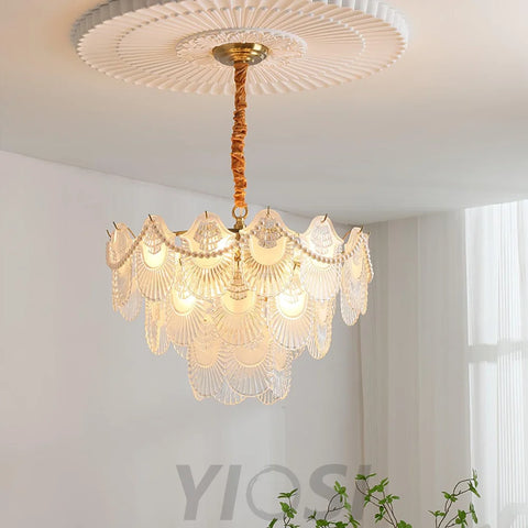 Pearl Glass Shell Round/Long canopy Chandelier - Cylinder-1-Yiosilamp