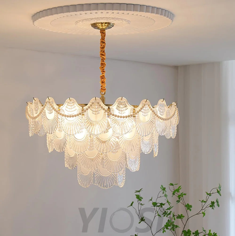 Pearl Glass Shell Round/Long canopy Chandelier - Cylinder-1-Yiosilamp