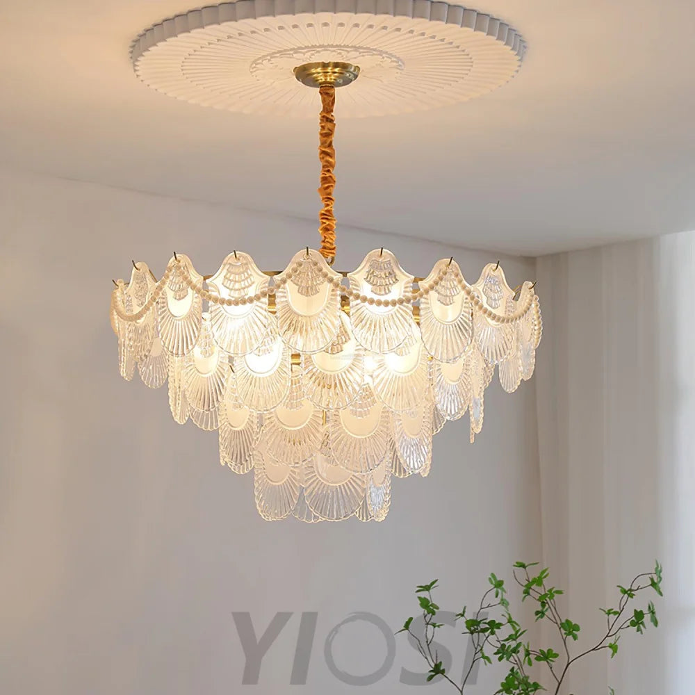Pearl Glass Shell Round/Long canopy Chandelier - Cylinder-1-Yiosilamp