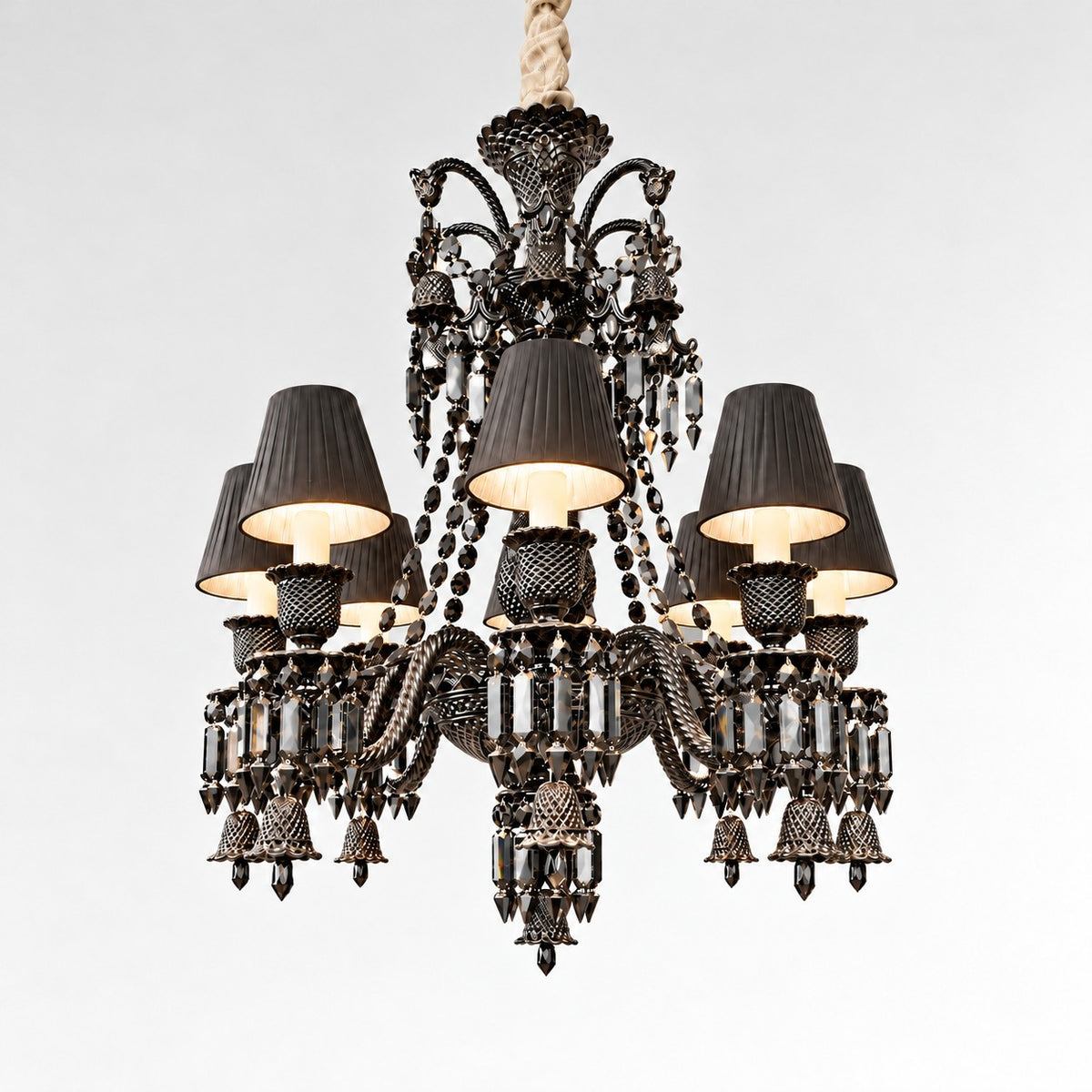Pelora Black Pleated Crystal 8-Light Chandelier 27.6" on a light warm plaster wall