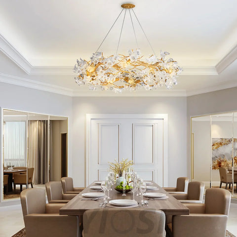 Petal Crystal Round Brass Branch Chandelier