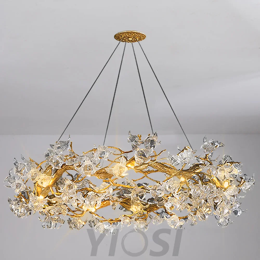 Petal Crystal Round Brass Branch Chandelier