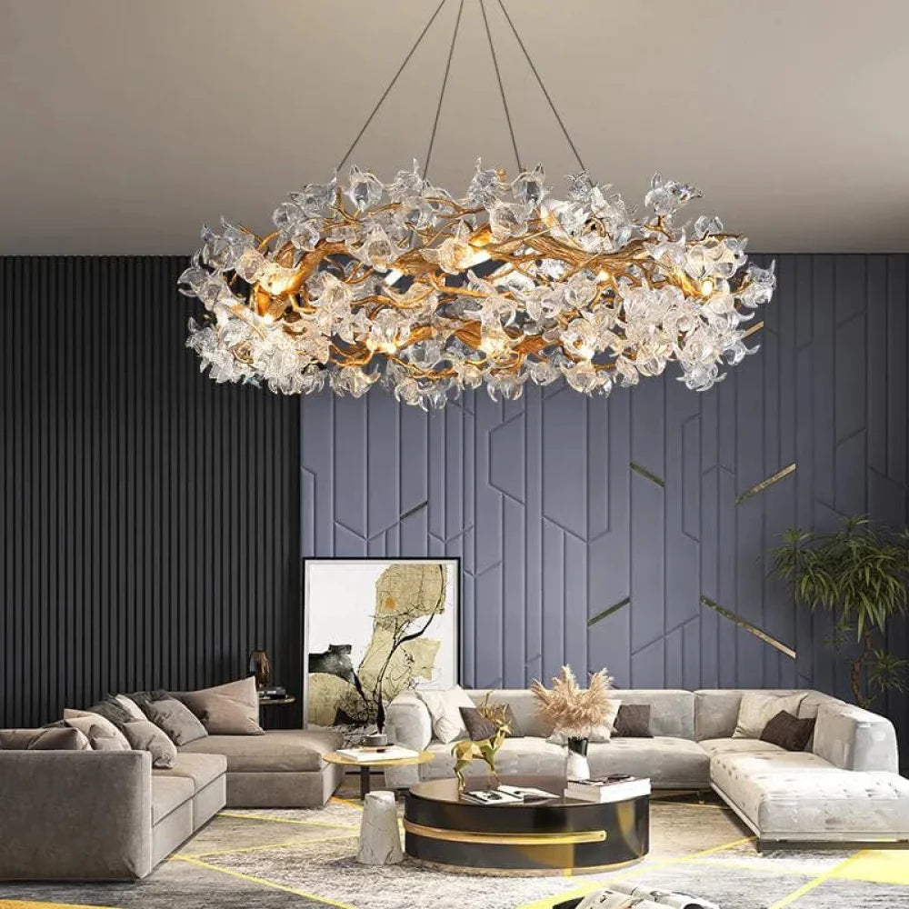 Petal Crystal Round Brass Branch Chandelier 24’’ W X 14’’ H