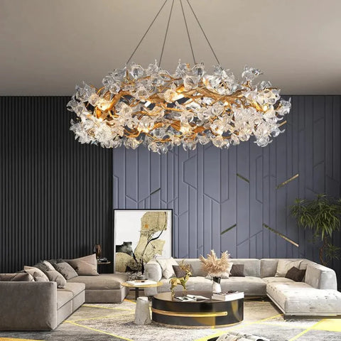 Petal Crystal Round Brass Branch Chandelier 24’’ W X 14’’ H