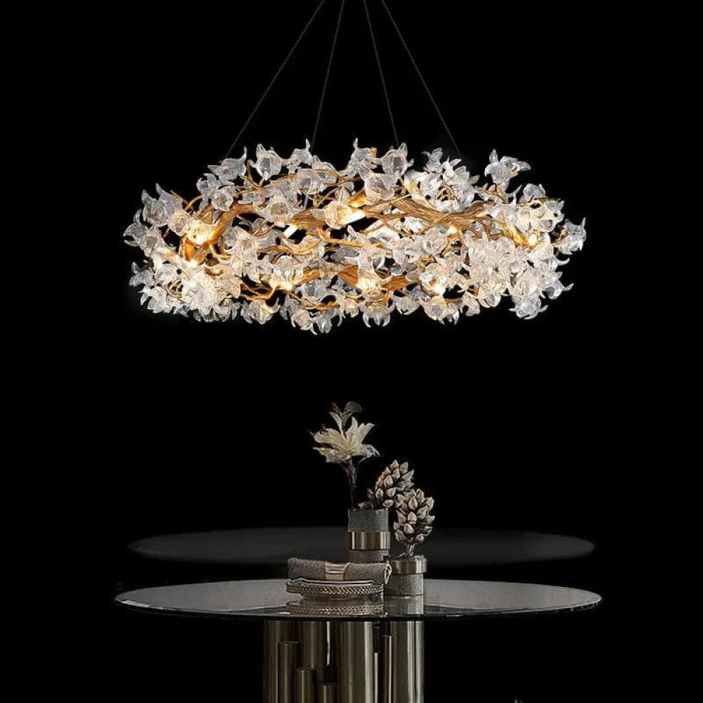 Petal Crystal Round Brass Branch Chandelier 31’’ W X 16’’ H