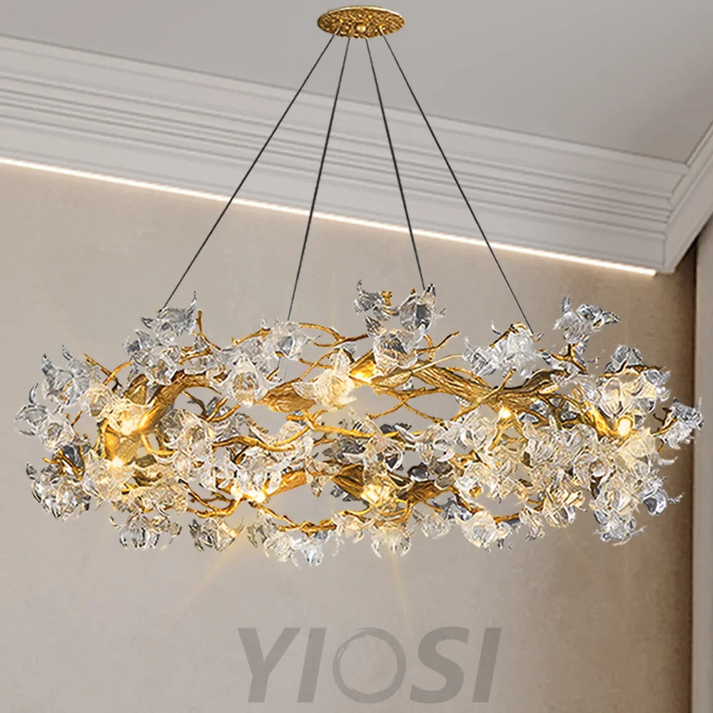 Petal Crystal Round Brass Branch Chandelier