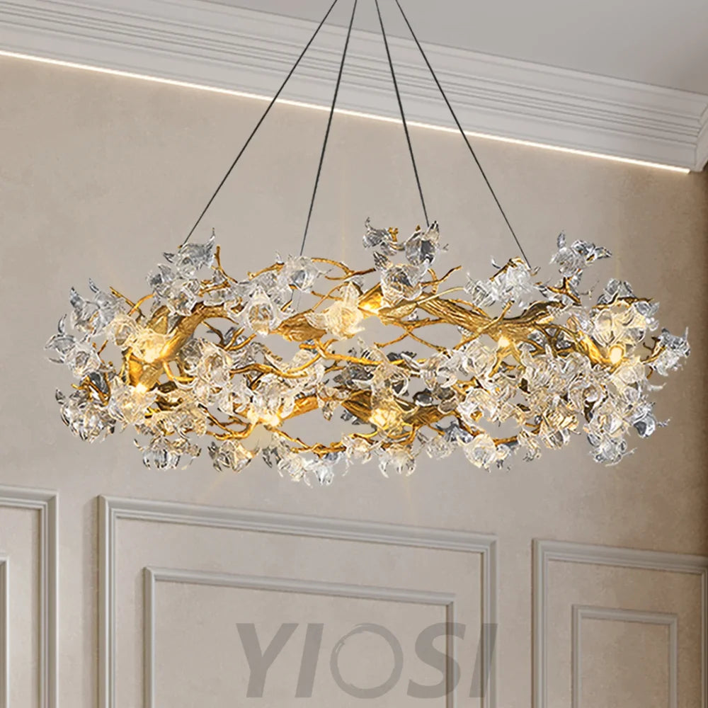 Petal Crystal Round Brass Branch Chandelier