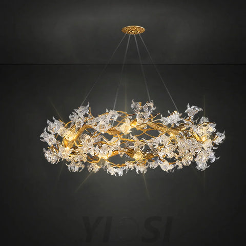 Petal Crystal Round Brass Branch Chandelier