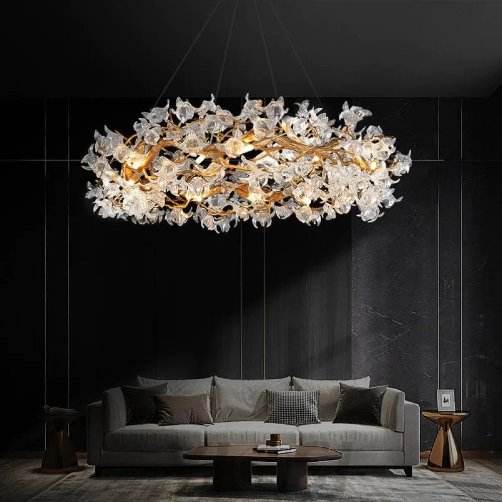 Petal Crystal Round Brass Branch Chandelier