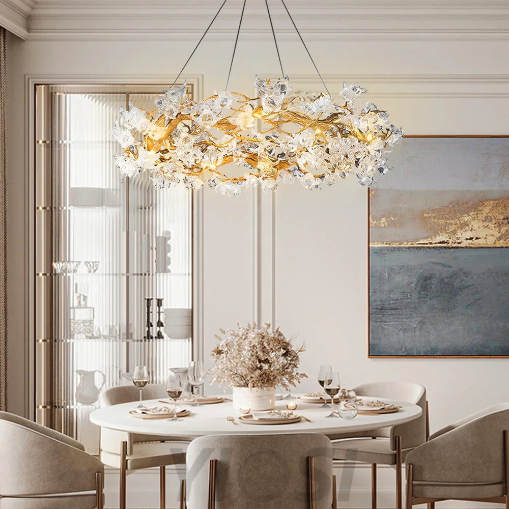 Petal Crystal Round Brass Branch Chandelier