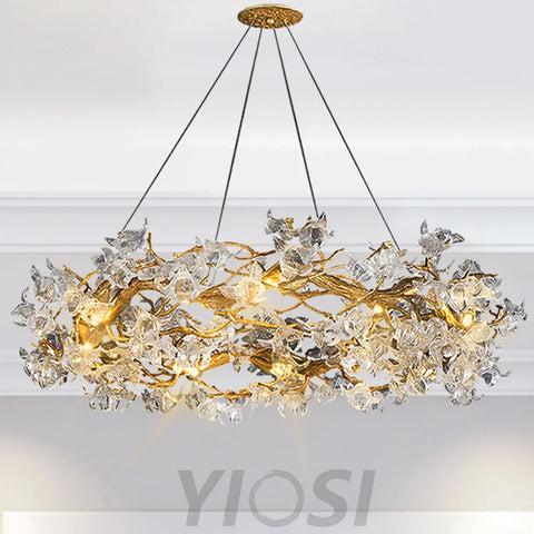 Petal Crystal Round Brass Branch Chandelier