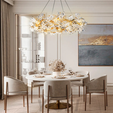 Petal Crystal Round Brass Branch Chandelier