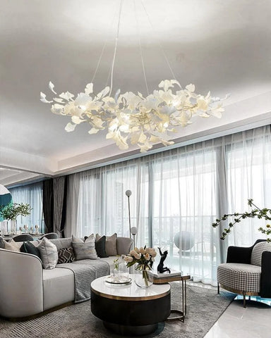 Porcelain Linear Ginkgo Branch Gold Chandelier