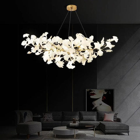 Porcelain Linear Ginkgo Branch Gold Chandelier 31’’