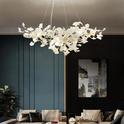 Porcelain Linear Ginkgo Branch Gold Chandelier