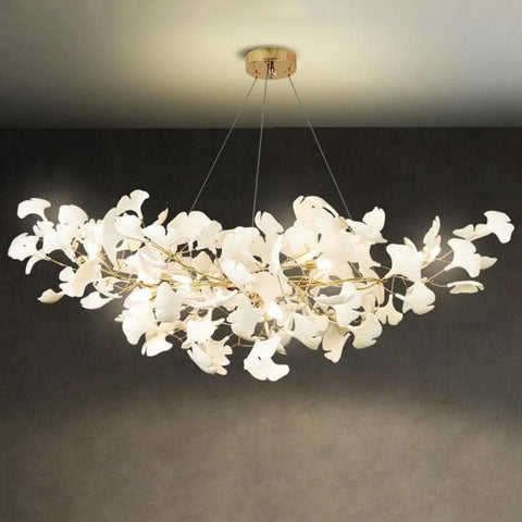 Porcelain Linear Ginkgo Branch Gold Chandelier 39’’