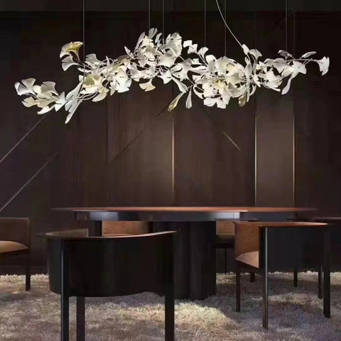 Porcelain Linear Ginkgo Branch Gold Chandelier 59’’