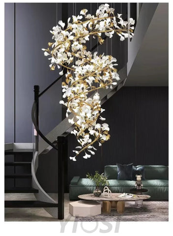 Porcelain Linear Ginkgo Branch Gold Chandelier