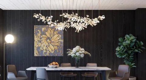 Porcelain Linear Ginkgo Branch Gold Chandelier