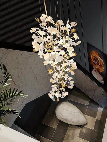 Porcelain Linear Ginkgo Branch Gold Chandelier