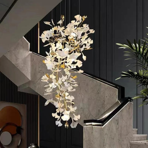 Porcelain Linear Ginkgo Branch Gold Chandelier W 36’’ X H 59’’