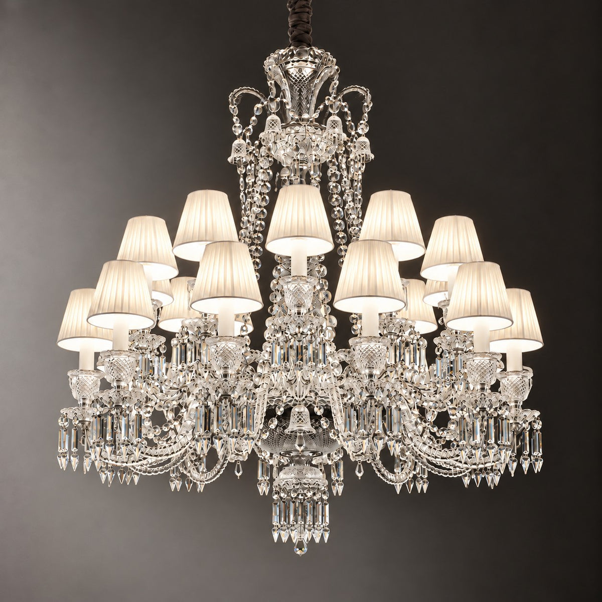 Prela White Pleated Crystal 24-Light Chandelier 42.5" on a dark olive wall