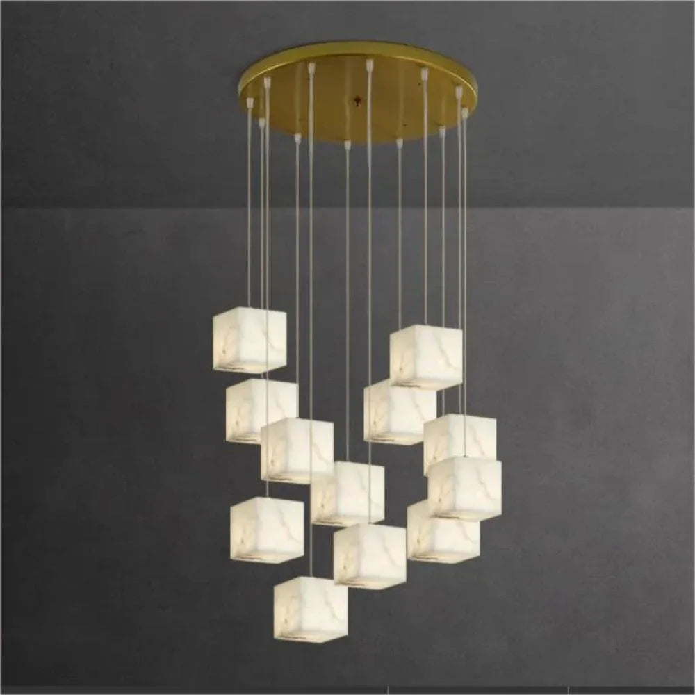 Prisca Alabaster Cubic Round Pendant For Dining Table Staircase 12-Light Chandeliers