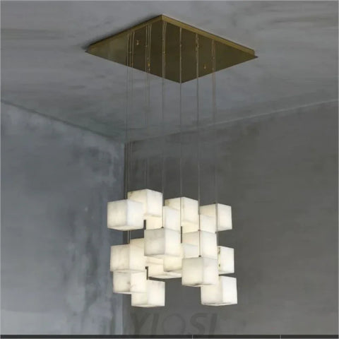 Prisca Alabaster Cubic Round Pendant For Dining Table Staircase 18-Light Chandeliers
