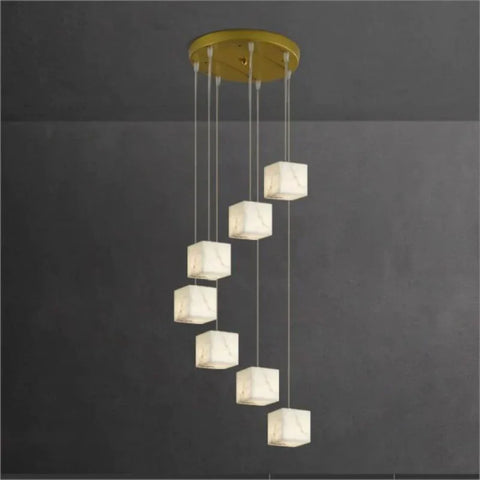 Prisca Alabaster Cubic Round Pendant For Dining Table Staircase 7-Light Chandeliers