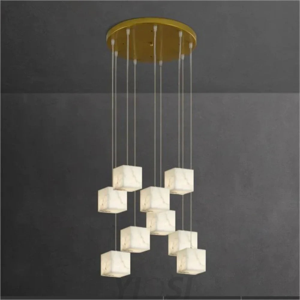 Prisca Alabaster Cubic Round Pendant For Dining Table Staircase 9-Light Chandeliers