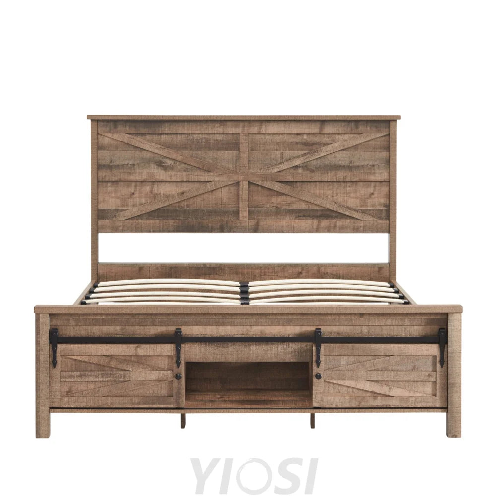 Queen Size Farmhouse Wood Bed Frame 64’’ with Barn Door Cabinets