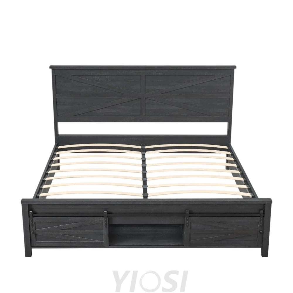 Queen Size Farmhouse Wood Bed Frame 64’’ with Barn Door Cabinets