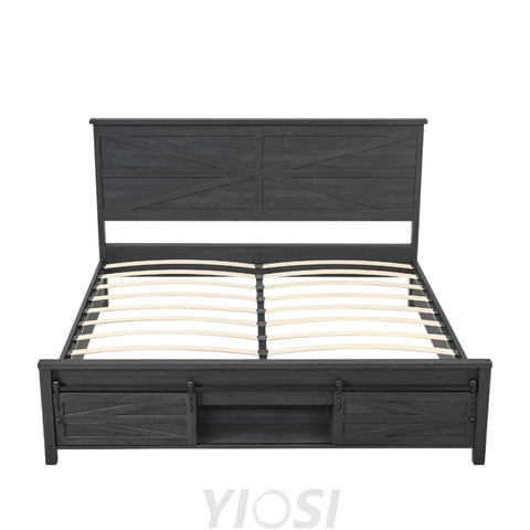 Queen Size Farmhouse Wood Bed Frame 64’’ with Barn Door Cabinets